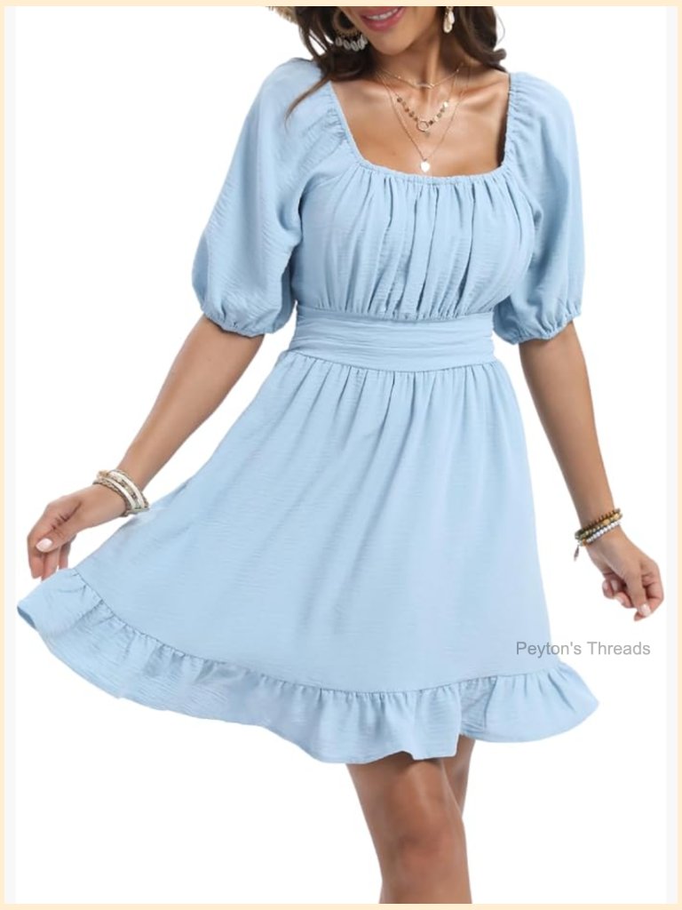 Puff Sleeve Square Neck A-Line Mini Dress With Tie Back